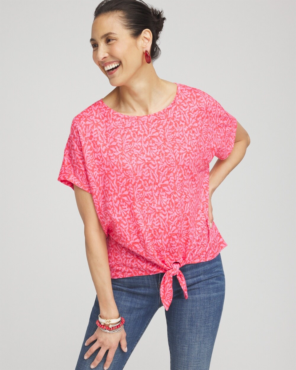 Shop Chico's Linen Reef Tie Front Tee In Watermelon Punch Size Xl |