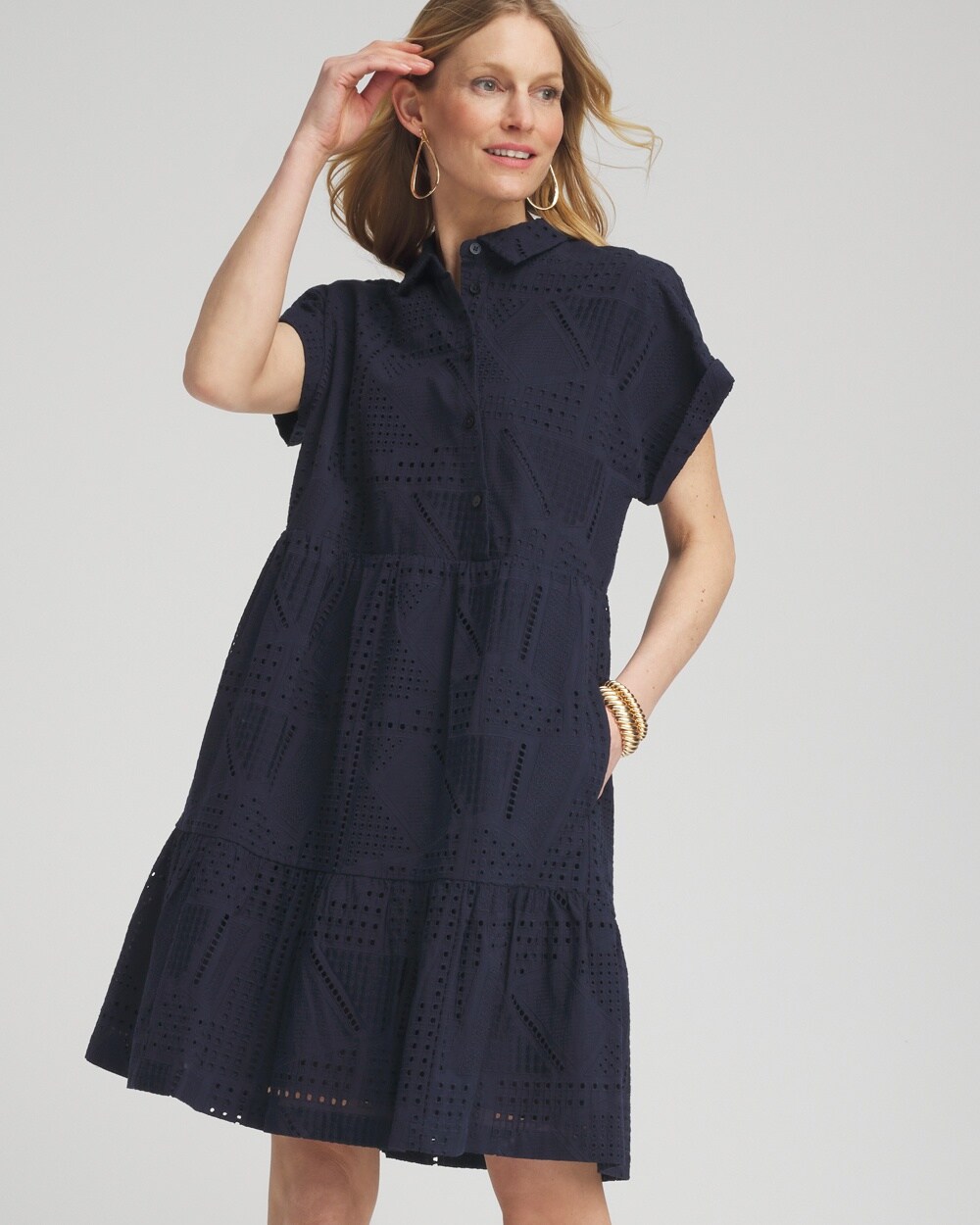 Shop Chico's Poplin Diagonal Button Front Dress In Navy Blue Size 20/22 |