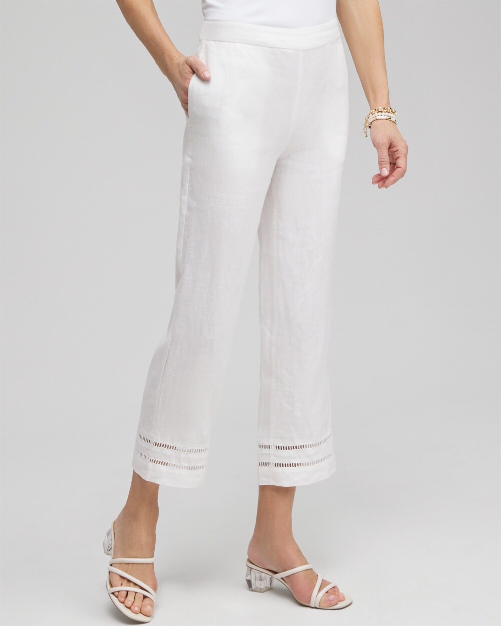 Chico's Linen Ladder Trim Cropped Pants In White