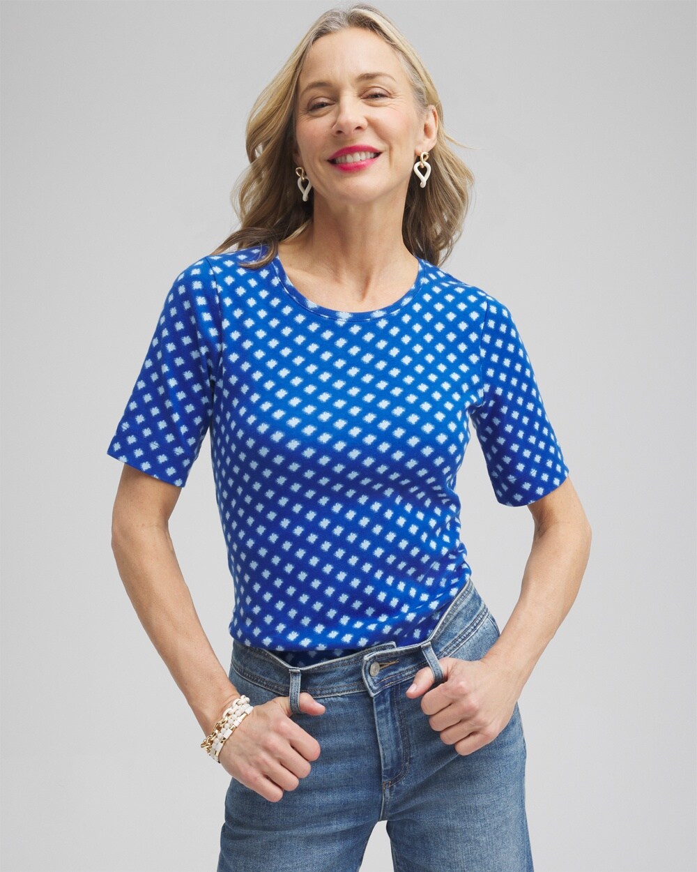 Shop Chico's Checkered Everyday Elbow Sleeve Tee In Intense Azure Size 0/2 |