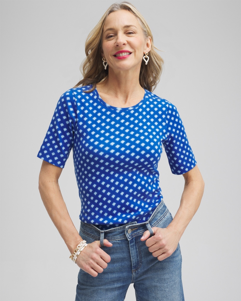 Shop Chico's Checkered Everyday Elbow Sleeve Tee In Intense Azure Size 0/2 |