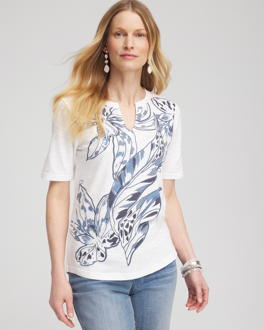 Shop Chico's Floral Notch Neck Tee In White Size 8/10 |