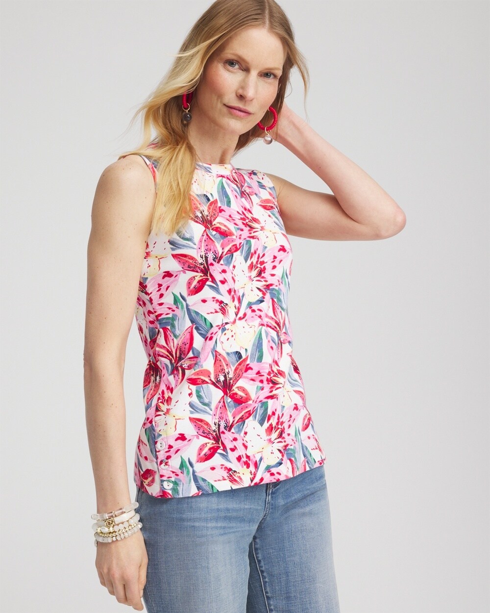 Shop Chico's Floral Button Detail Tank Top In Delightful Pink Size 8/10 |
