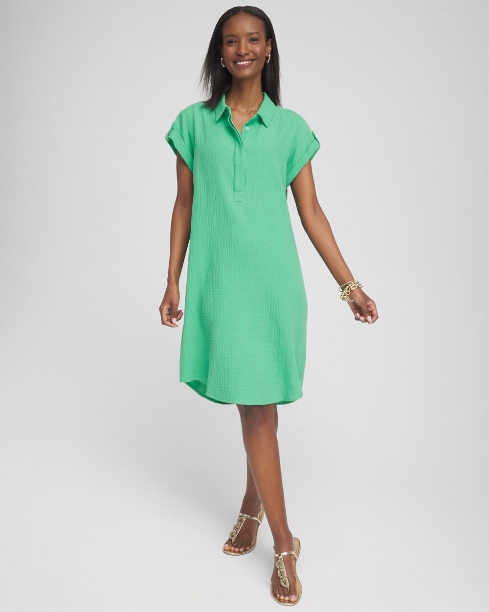 Shop Chico's Gauze Roll Tab Sleeve Dress In Grassy Green Size 12 |