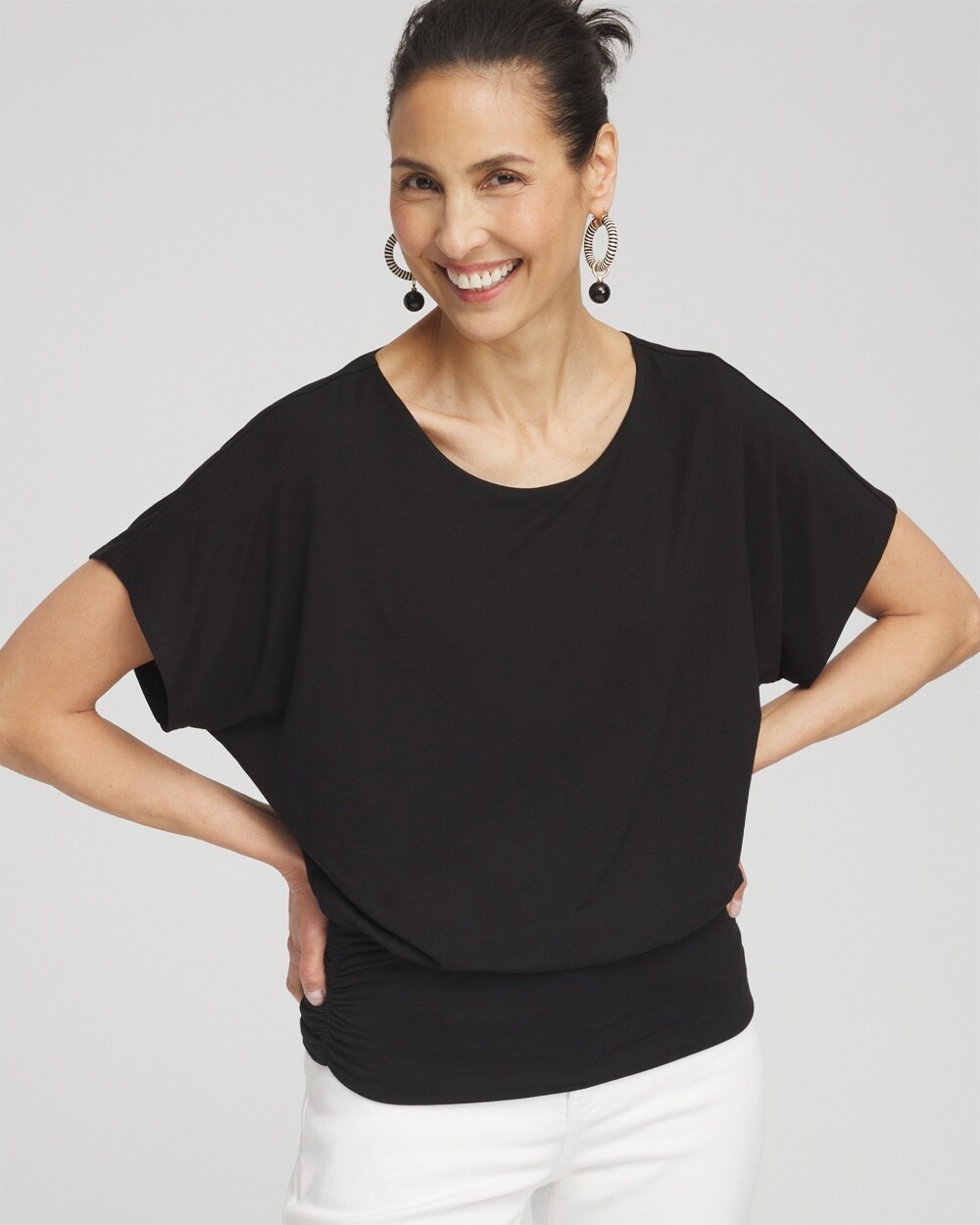 Chico's Touch Of Cool Ruched Banded Hem Top In Black Size 20/22 |