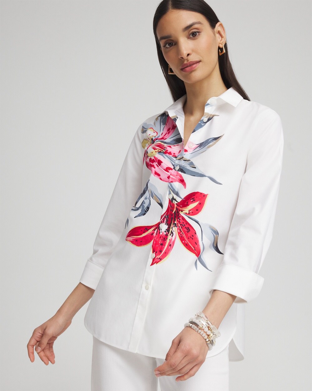 Shop Chico's No Iron Stretch Floral Shirt In White Size Xxl |