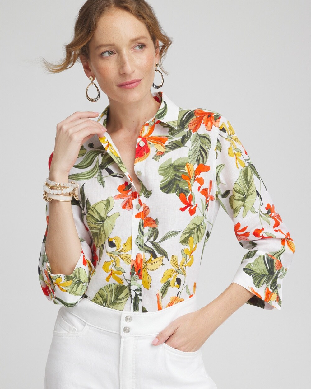 Chico's No Iron Linen Orchid Shirt In White Size Xxl |  In Multi