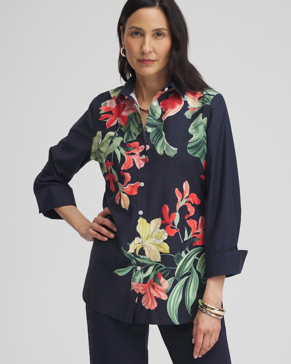 Chico's No Iron Stretch Floral Shirt In Navy Blue Size Xxl |  In Multi