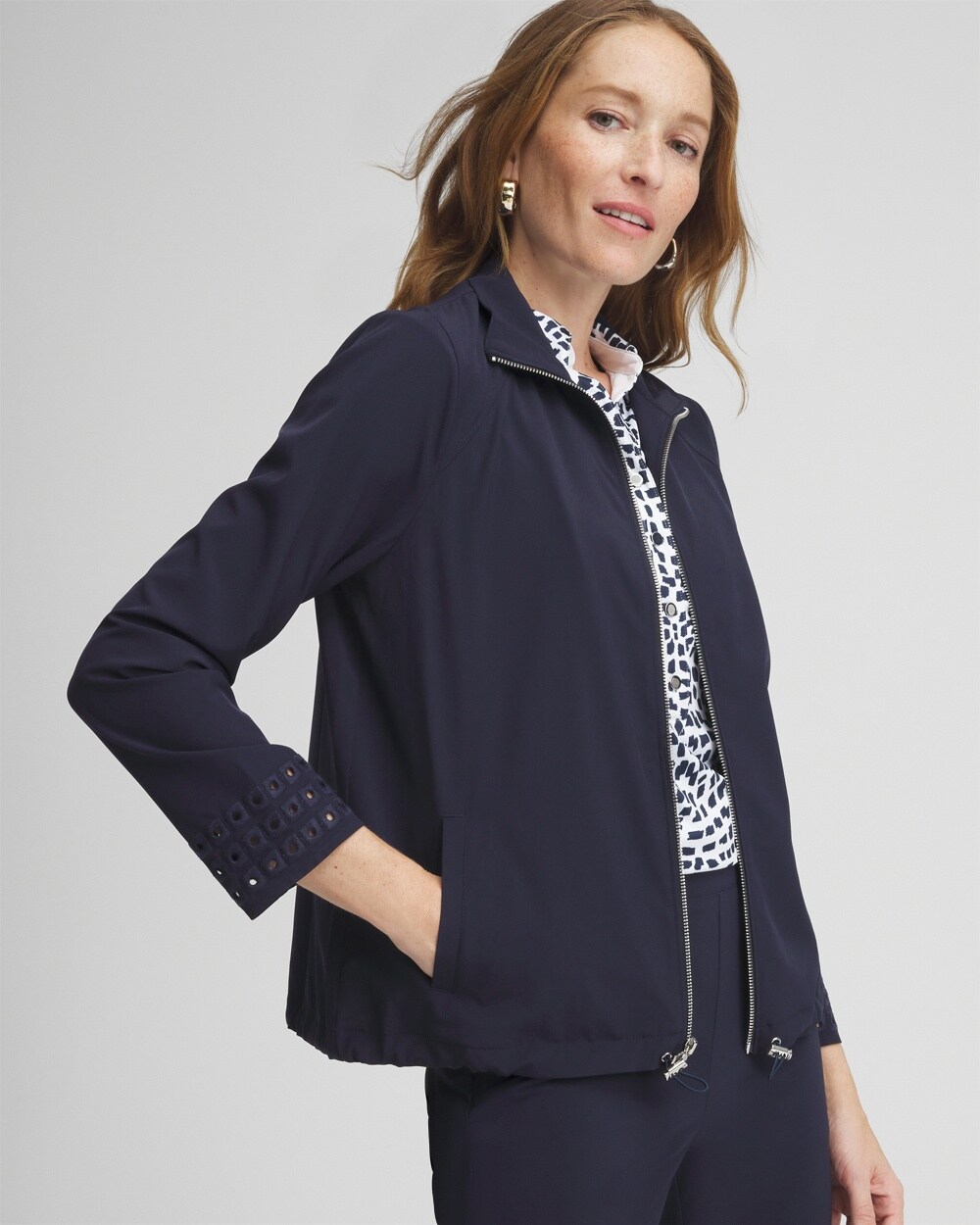 Chico's Upf Sun Protection Embroidered Jacket In Navy Blue Size Small |  Zenergy