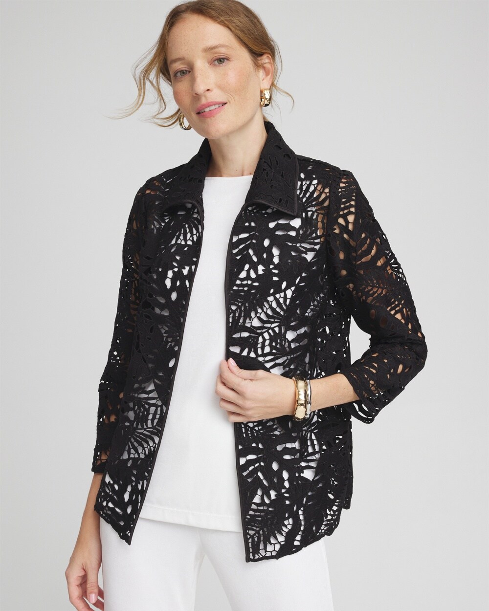 Chico's Wrinkle-free Travelers Leaves Lace Jacket In Black Size Small |  Travel Clothing