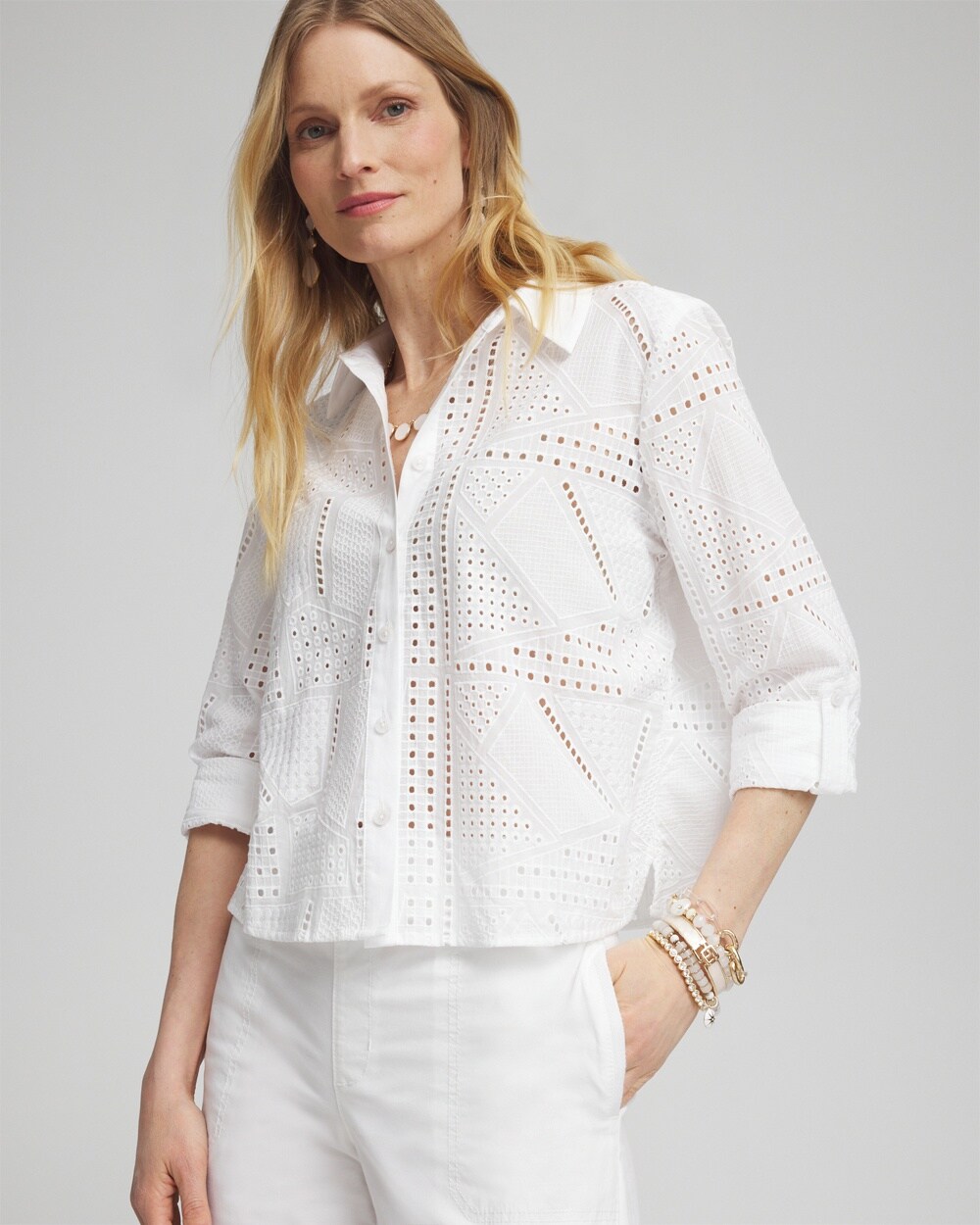 Chico's Mixed Eyelet Cotton Shirt In White Size 12 |