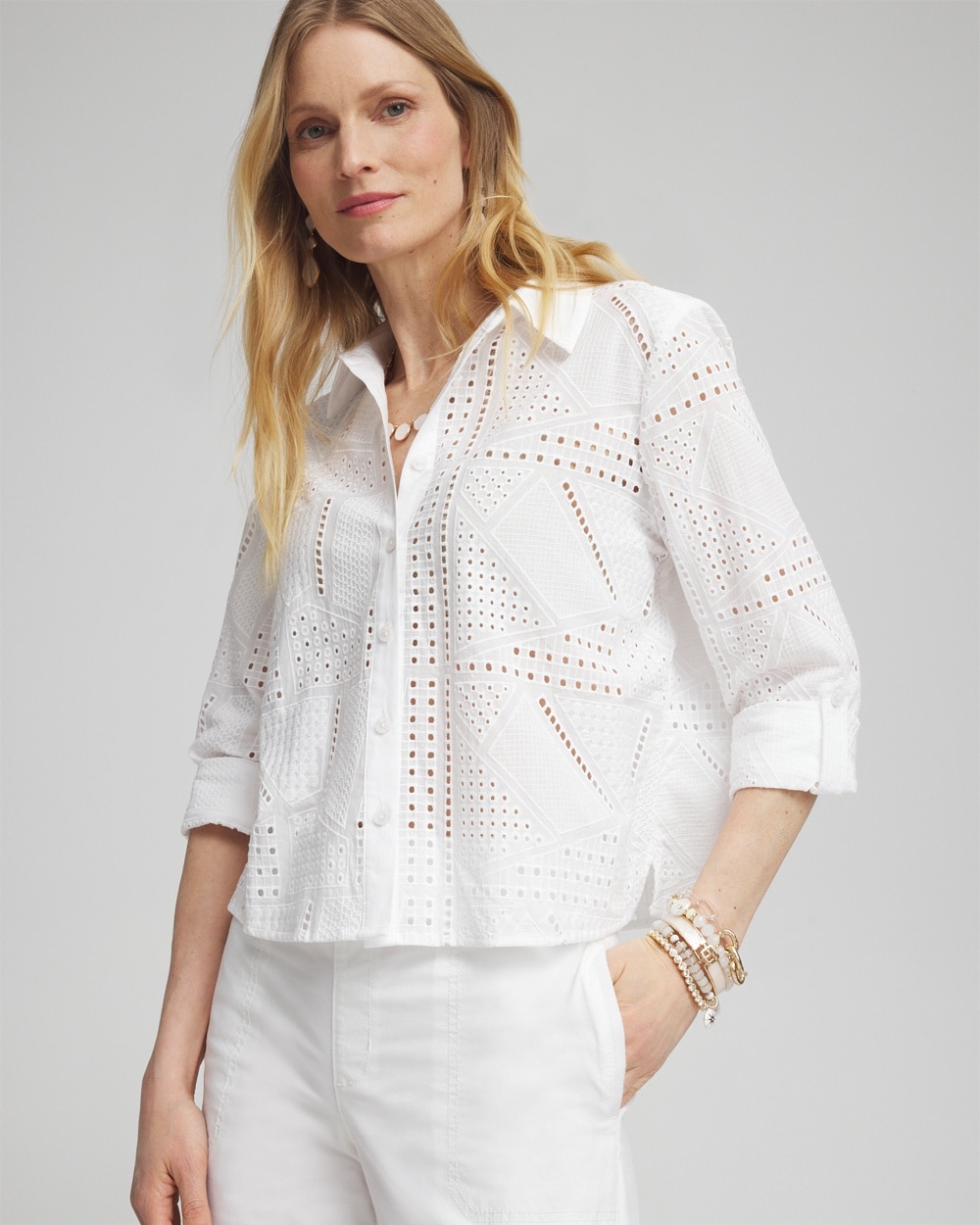 Chico's Mixed Eyelet Cotton Shirt In White Size Medium |