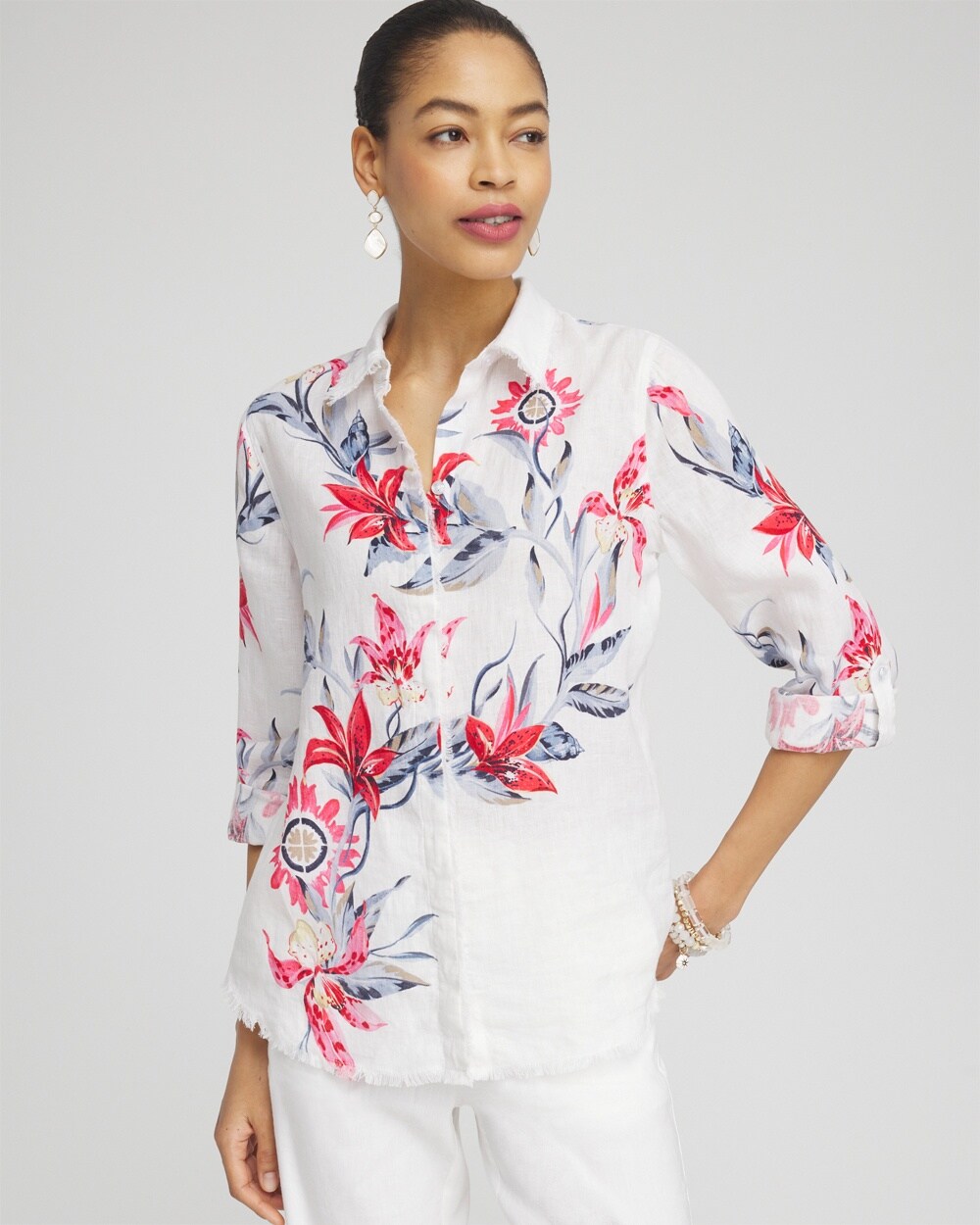Chico's Linen Floral Fringe Shirt In White Size Xxl |