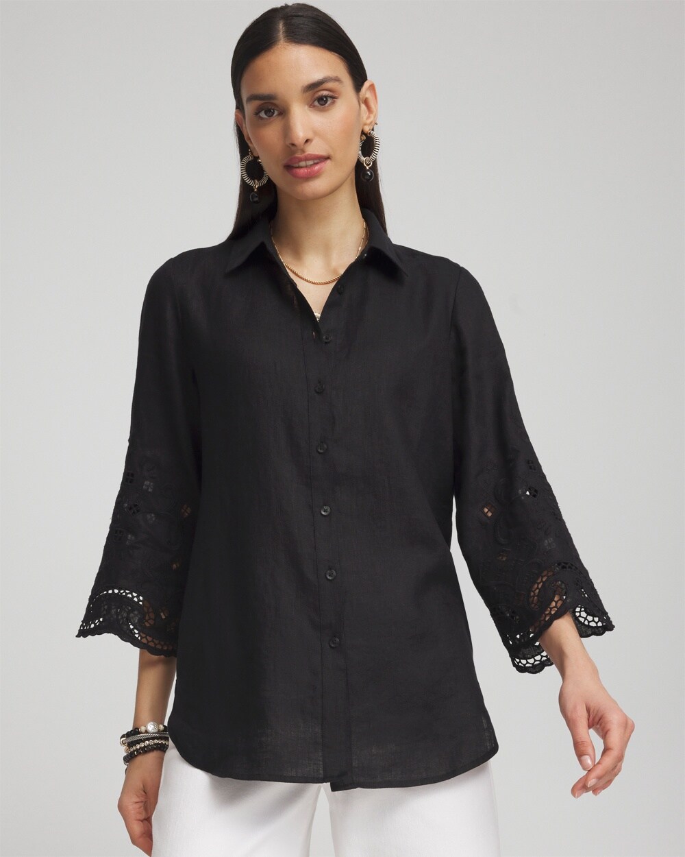 Shop Chico's Linen Eyelet Sleeve Shirt In Black Size 16/18 |