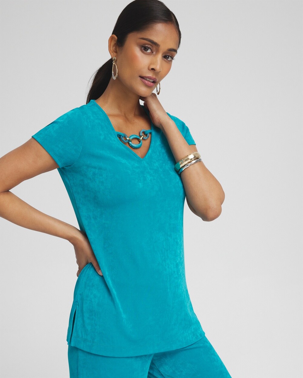 Chico's Wrinkle-free Travelers Chain Detail Top In Peacock Blue Size 16/18 |  Travel Clothing