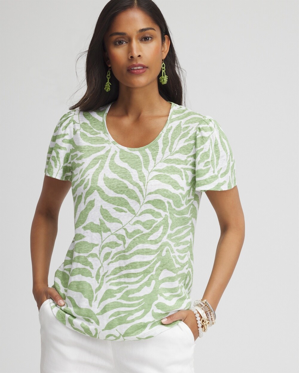 Chico's Leaves Linen Flutter Sleeve Tee In Spanish Moss Size Xxl |  In Green