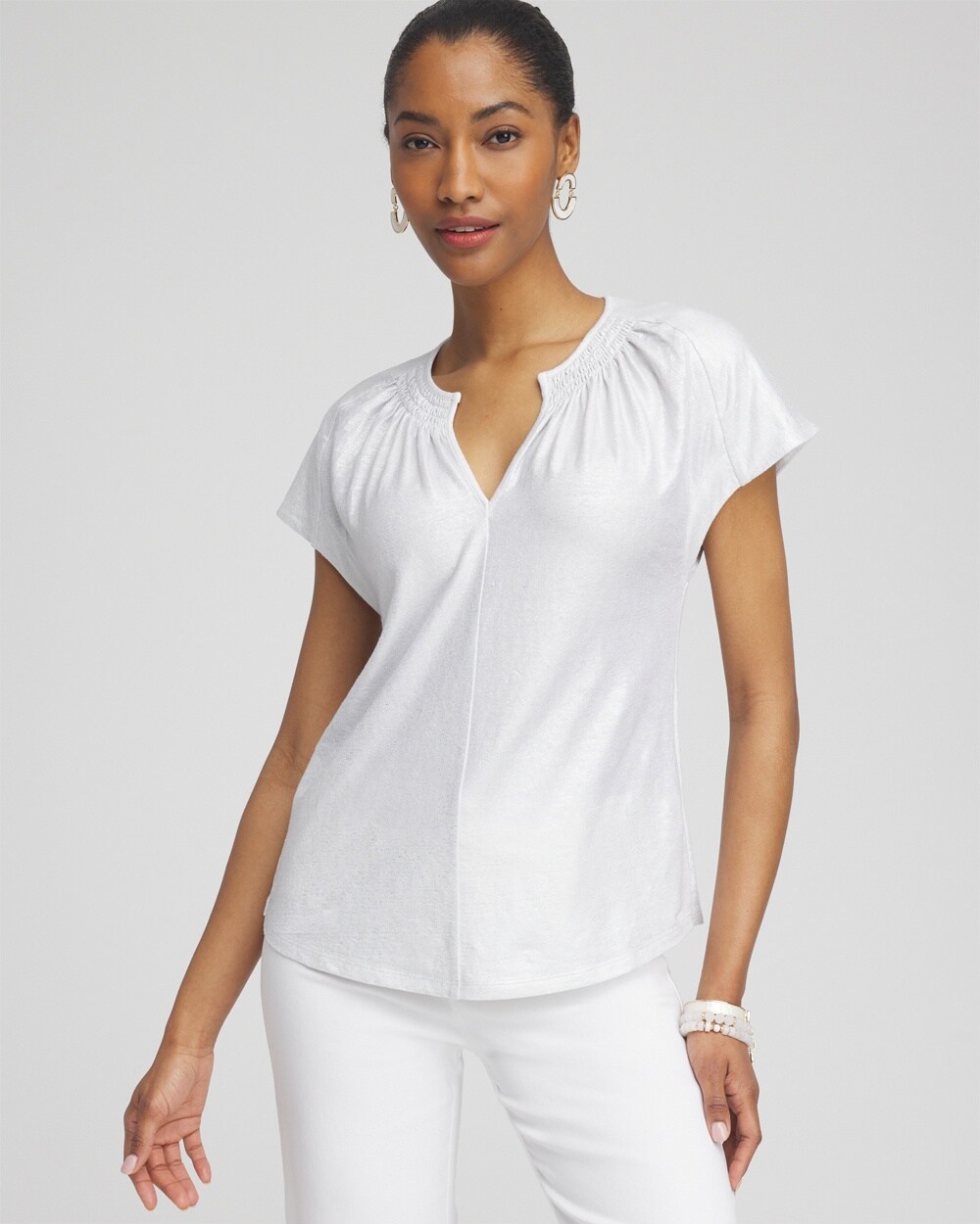 Shop Chico's Linen Stretch Metallic Tee In White Size Small |