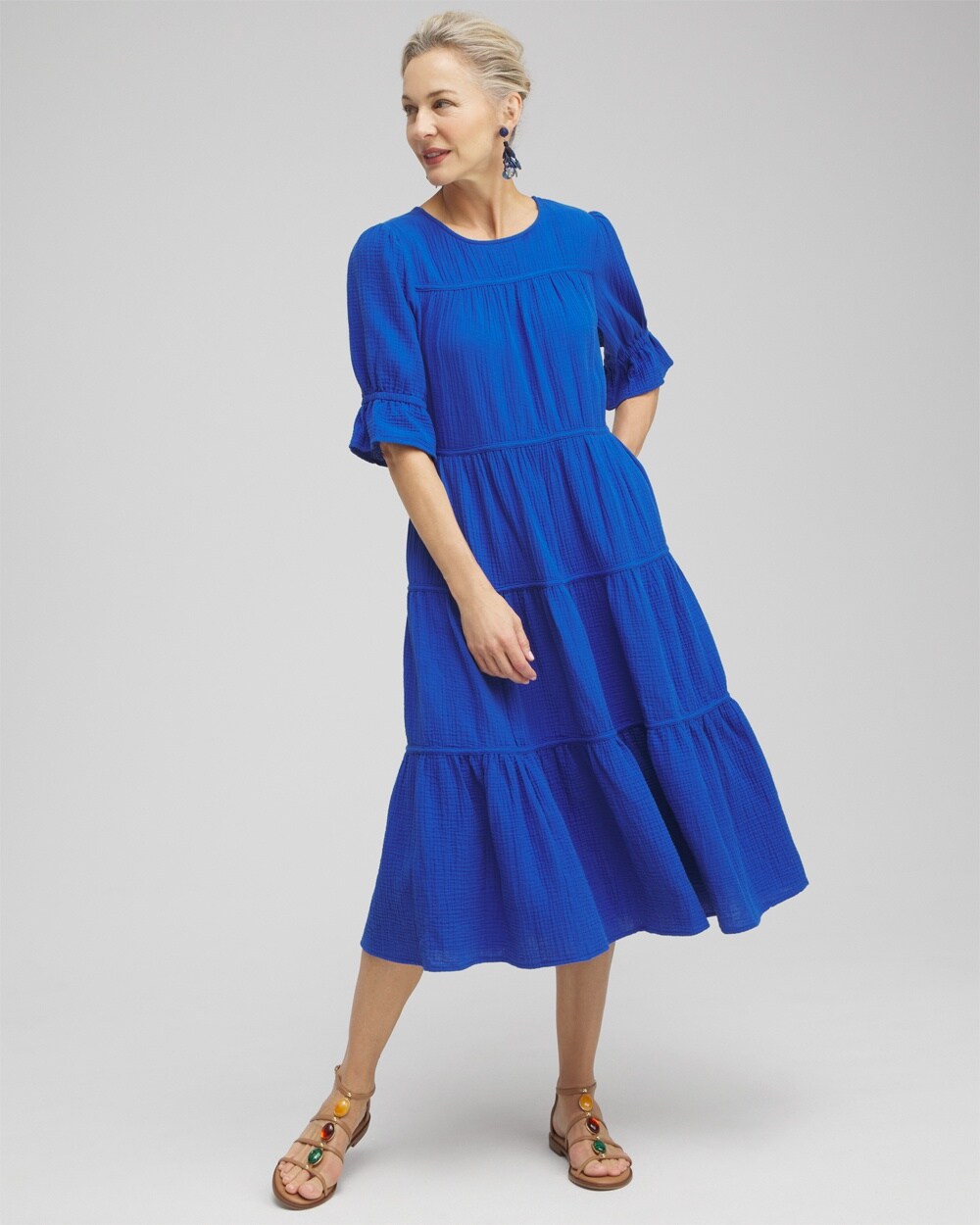 Shop Chico's Gauze Tiered Midi Dress In Intense Azure Size 12 |