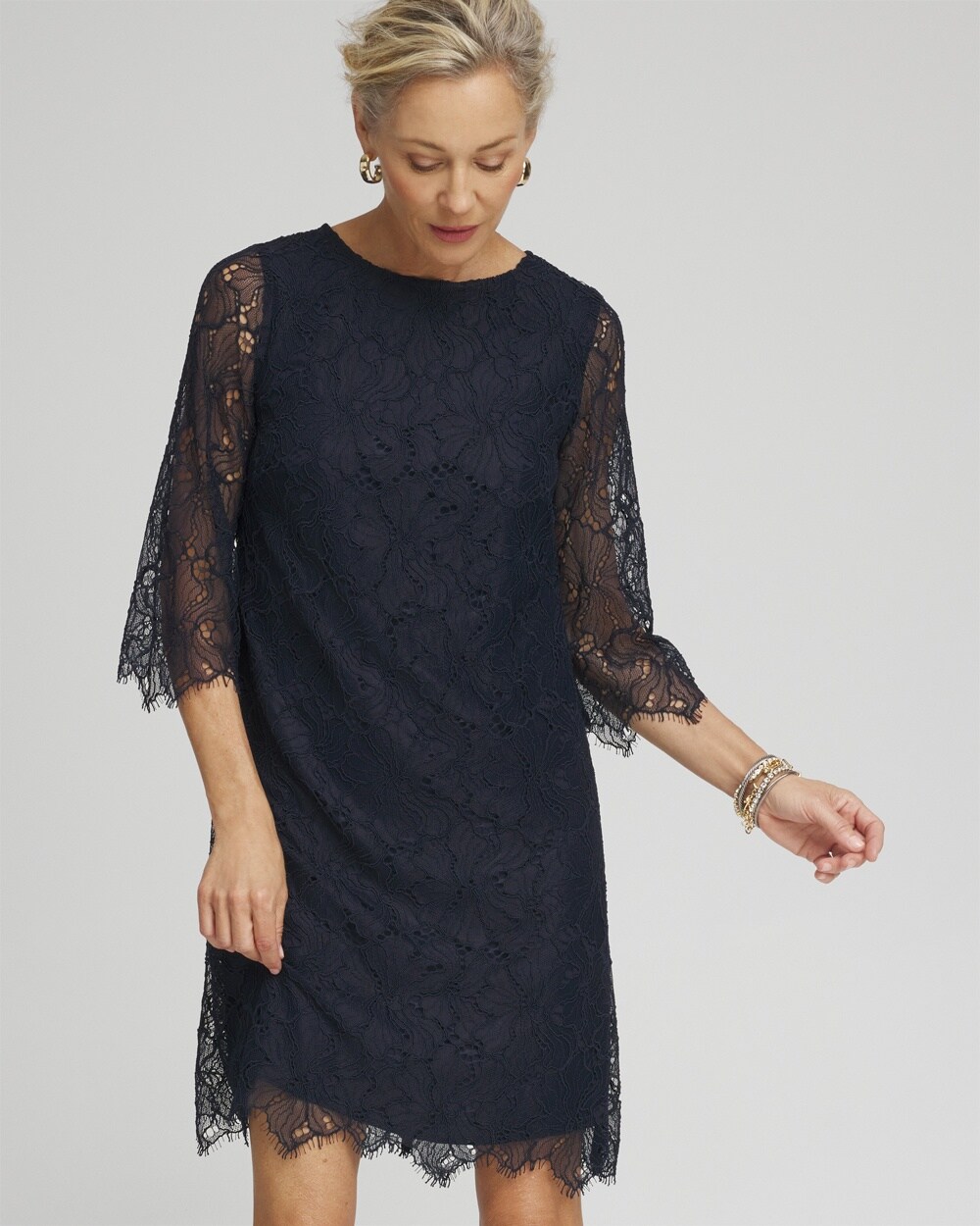 Chico's Floral Lace Shift Dress In Navy Blue Size 14 |  In Black