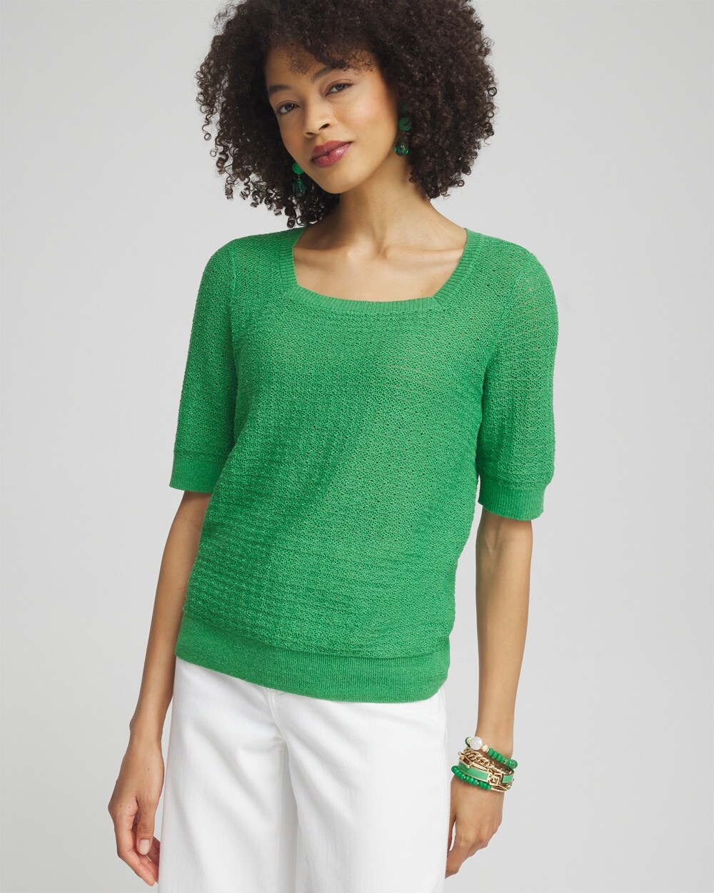 Shop Chico's Linen Blend Square Neck Pullover In Grassy Green Size 4/6 |