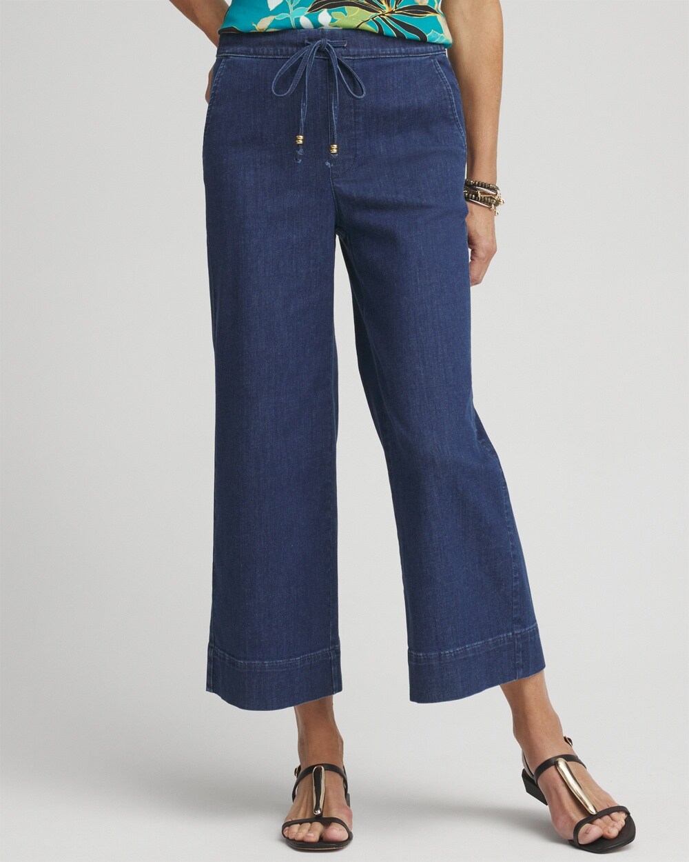 Pull-on Drawstring Wide Leg Cropped Jeans
