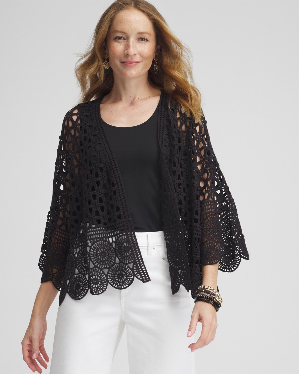 Shop Chico's Crochet Cotton Kimono In Black Size Large/xl |