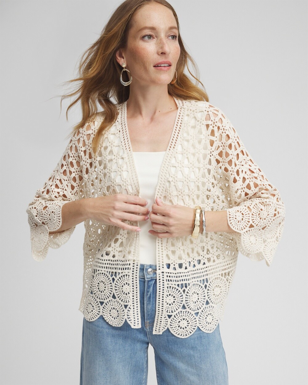 Chico's Crochet Cotton Kimono Top In Off-white Size Small/medium |