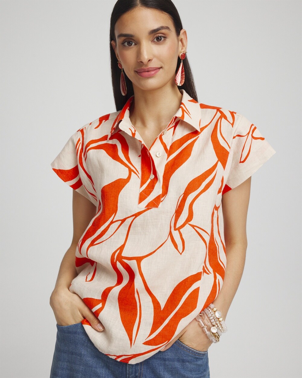Chico's Linen Swirls Popover Top In Blood Orange Size Xxl |  In Neutral
