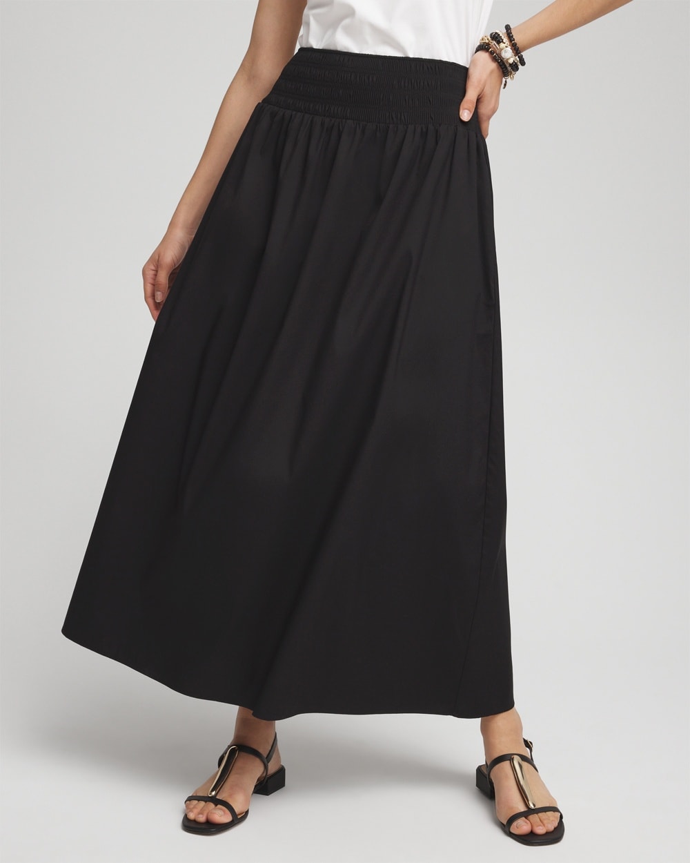 Chico's Poplin Smocked Waist Maxi Skirt In Black Size 2p |