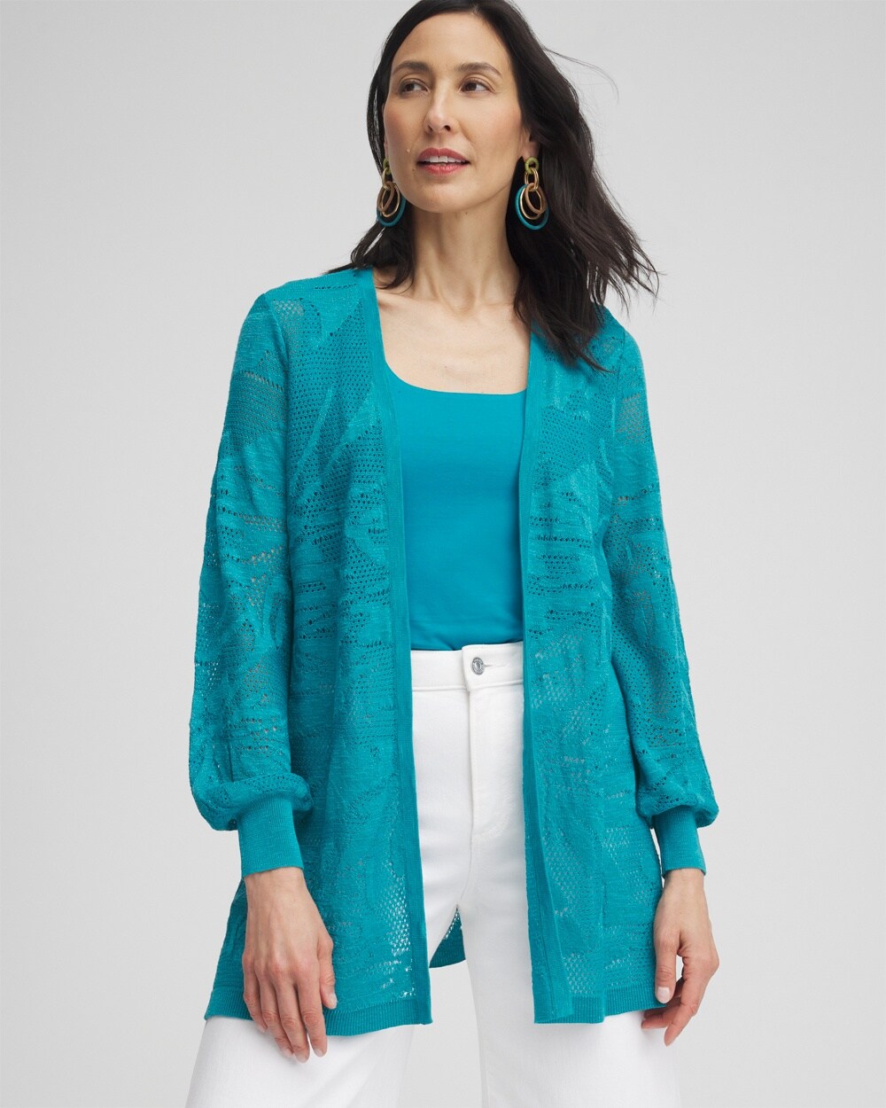 Shop Chico's Pointelle Palms Cardigan Sweater In Peacock Blue Size 16/18 |