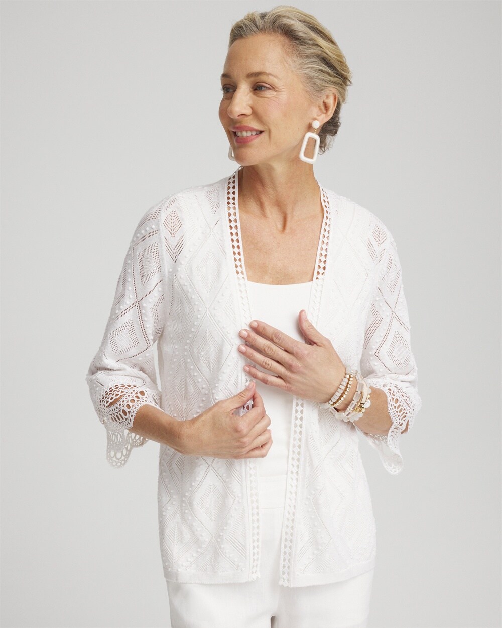 Shop Chico's Linen Blend Diamond Stitch Cardigan Sweater In White Size 8/10 |