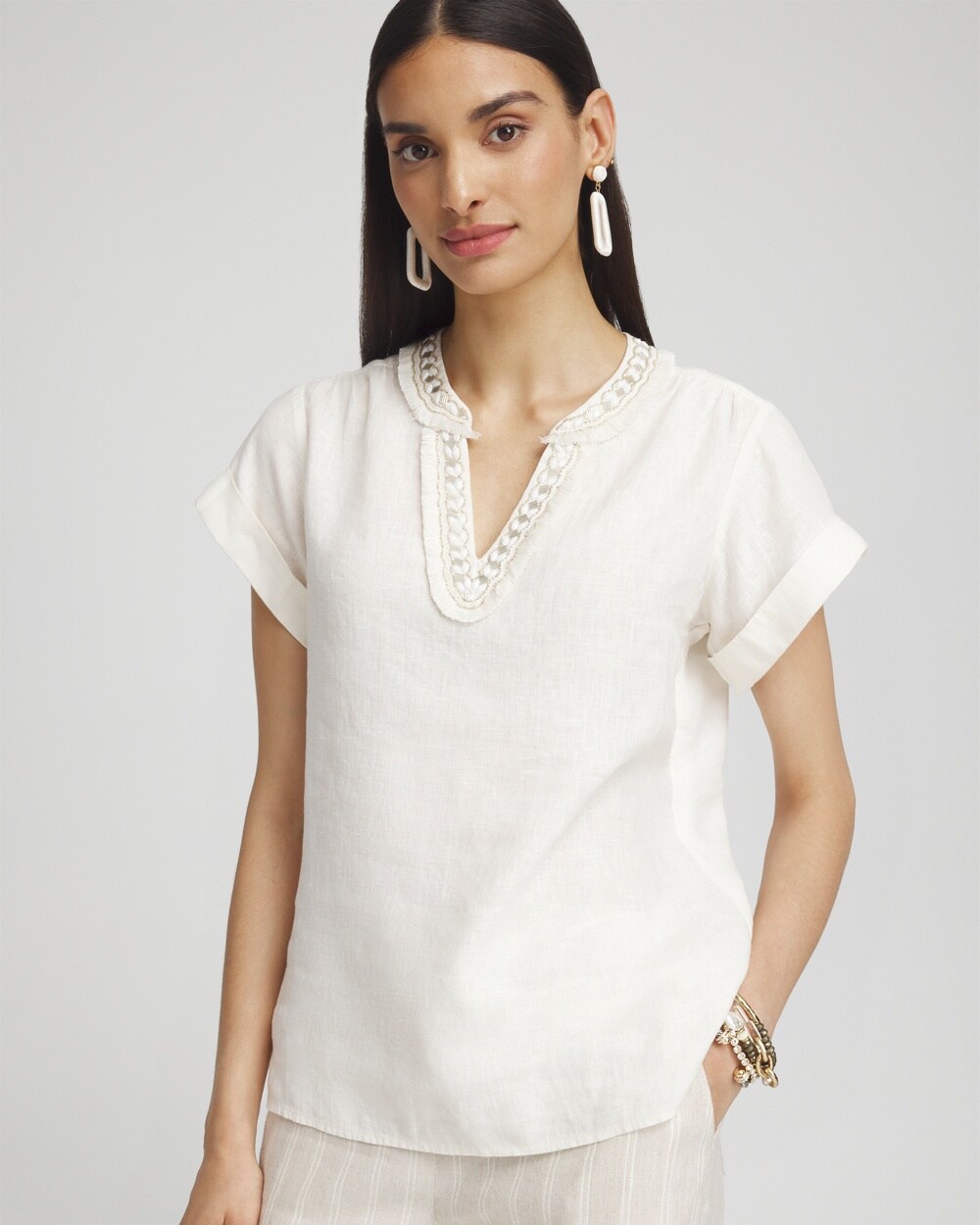 Chico's Linen Embellished Neck Top In Ecru/white Size Large |