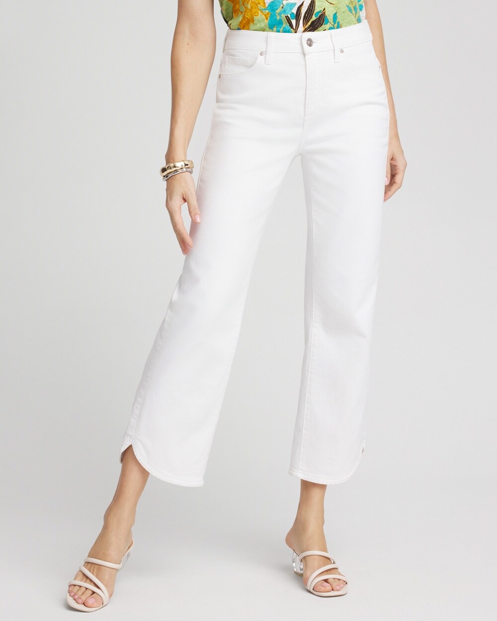 Shop Chico's High Rise Dolphin Hem Straight Cropped Capri Jeans In White Size 14p |