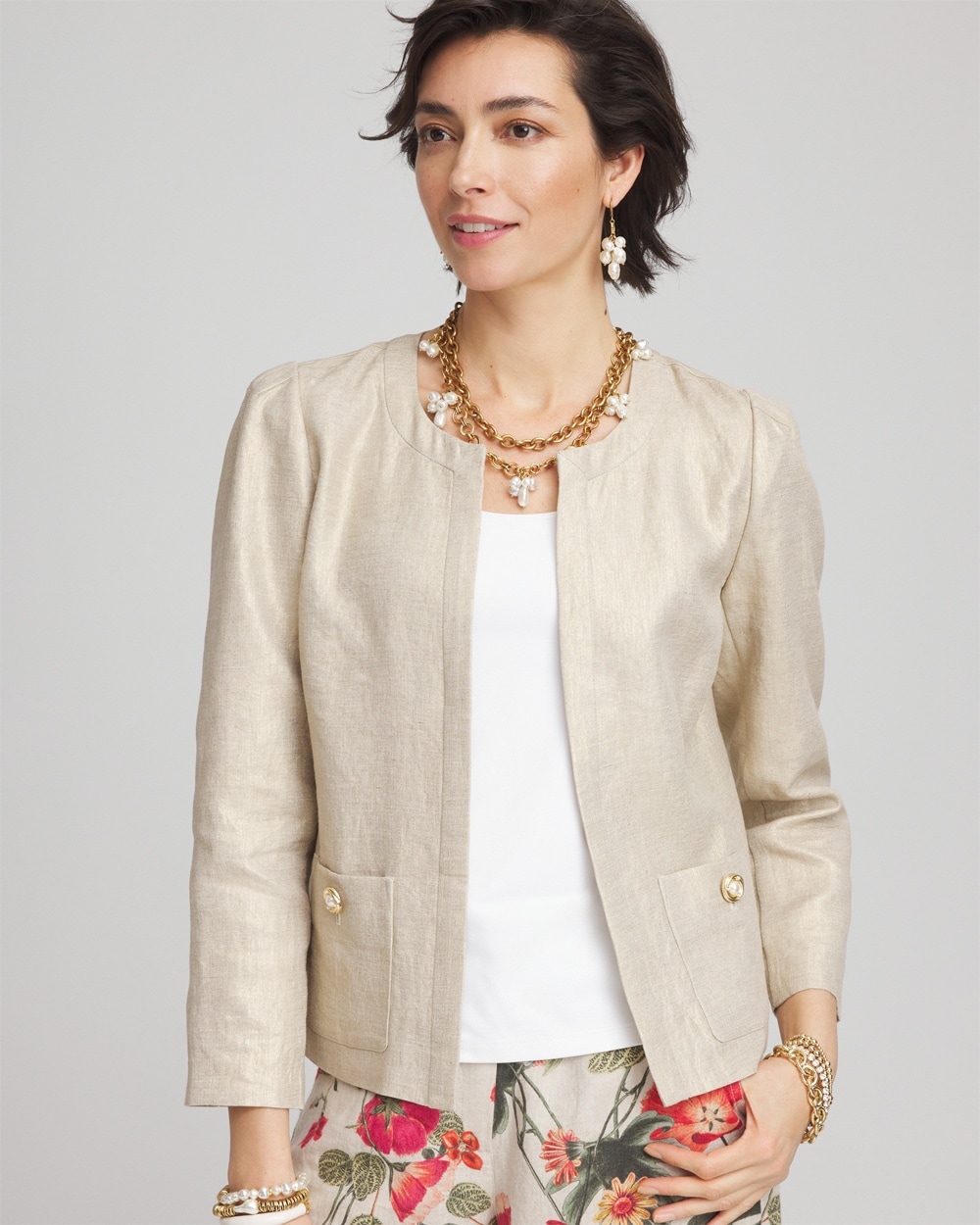 Chico's Collarless Linen Blazer In Tan Size Xl |  In Oatmeal