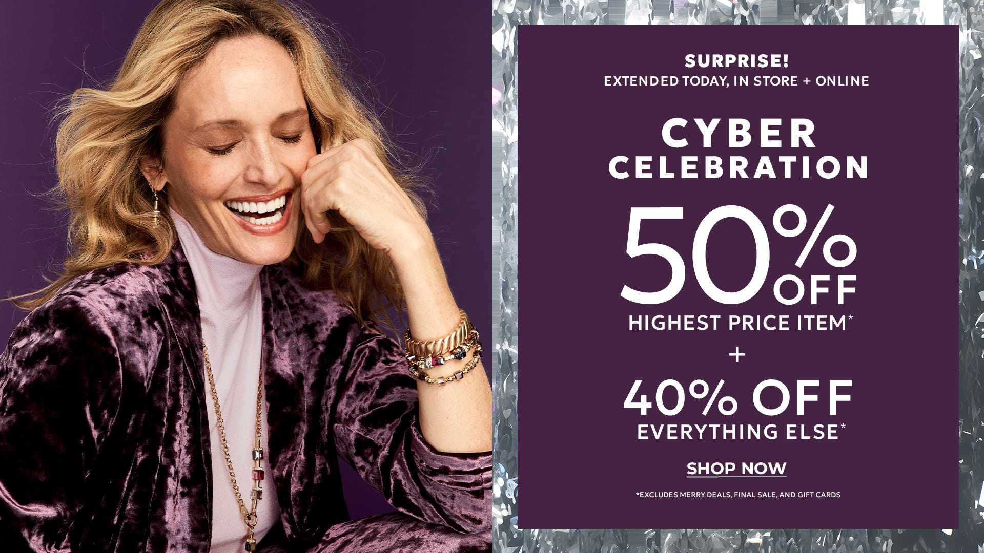 Extended today in store and online 50% off highest price item plus 40% off everything else