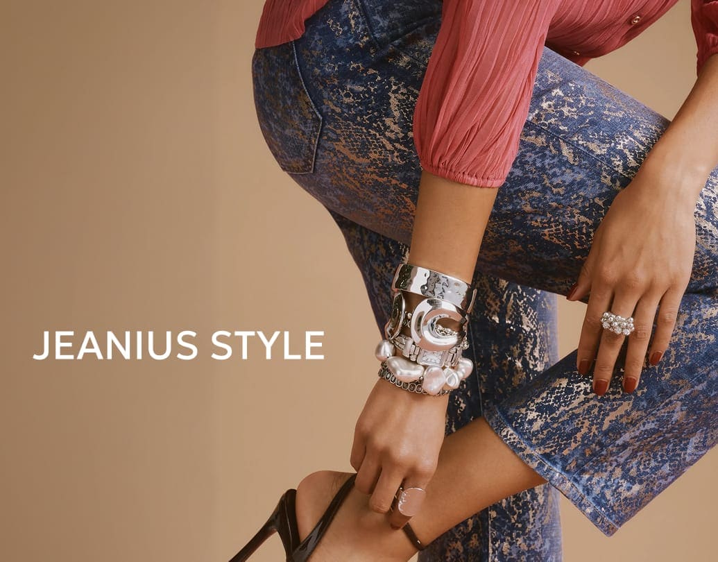 Decorated denim and bracelet stack