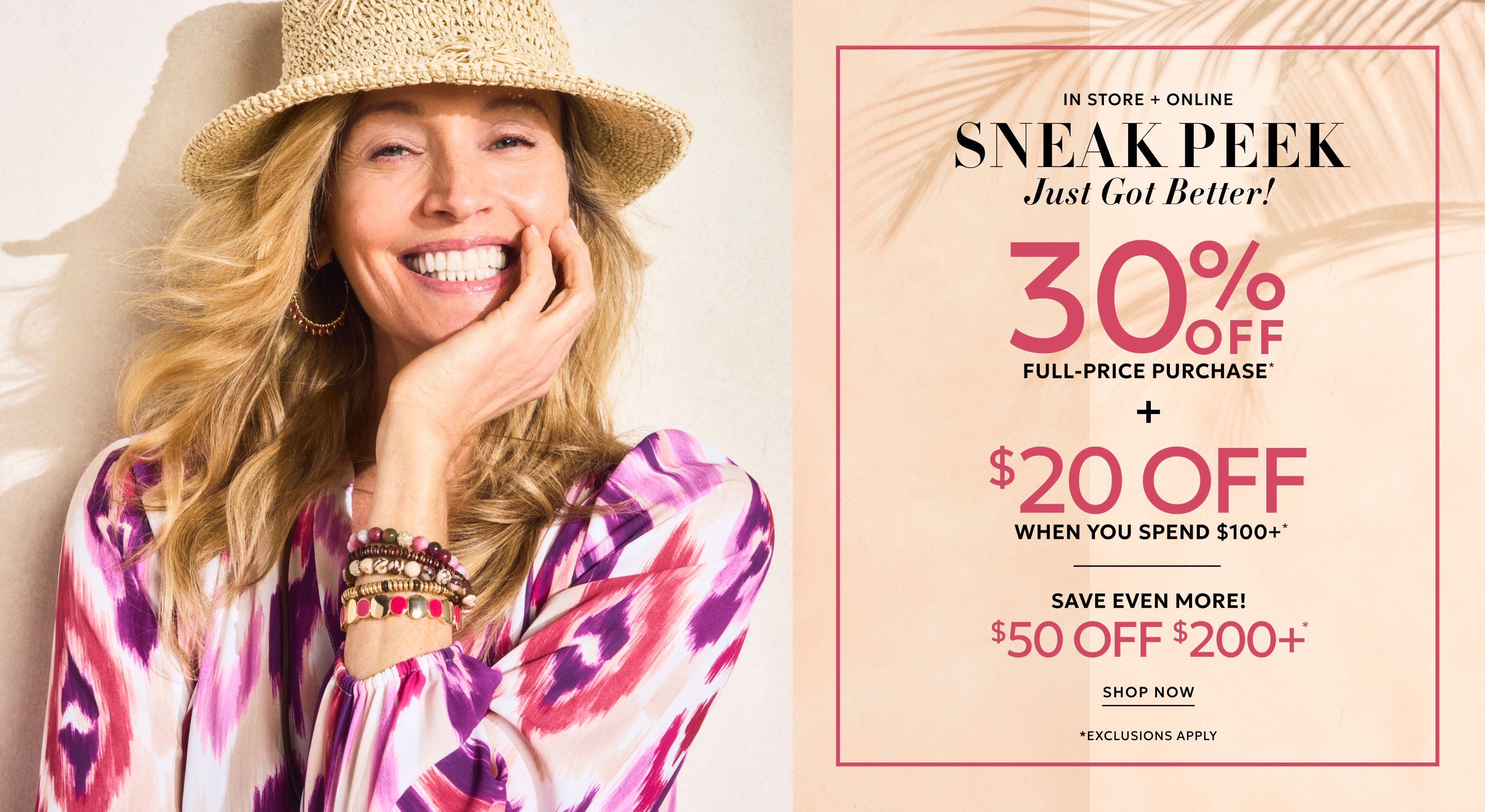 30% off full-price purchase plus $20 off when you spend $100+ or $50 off when you spend $200+