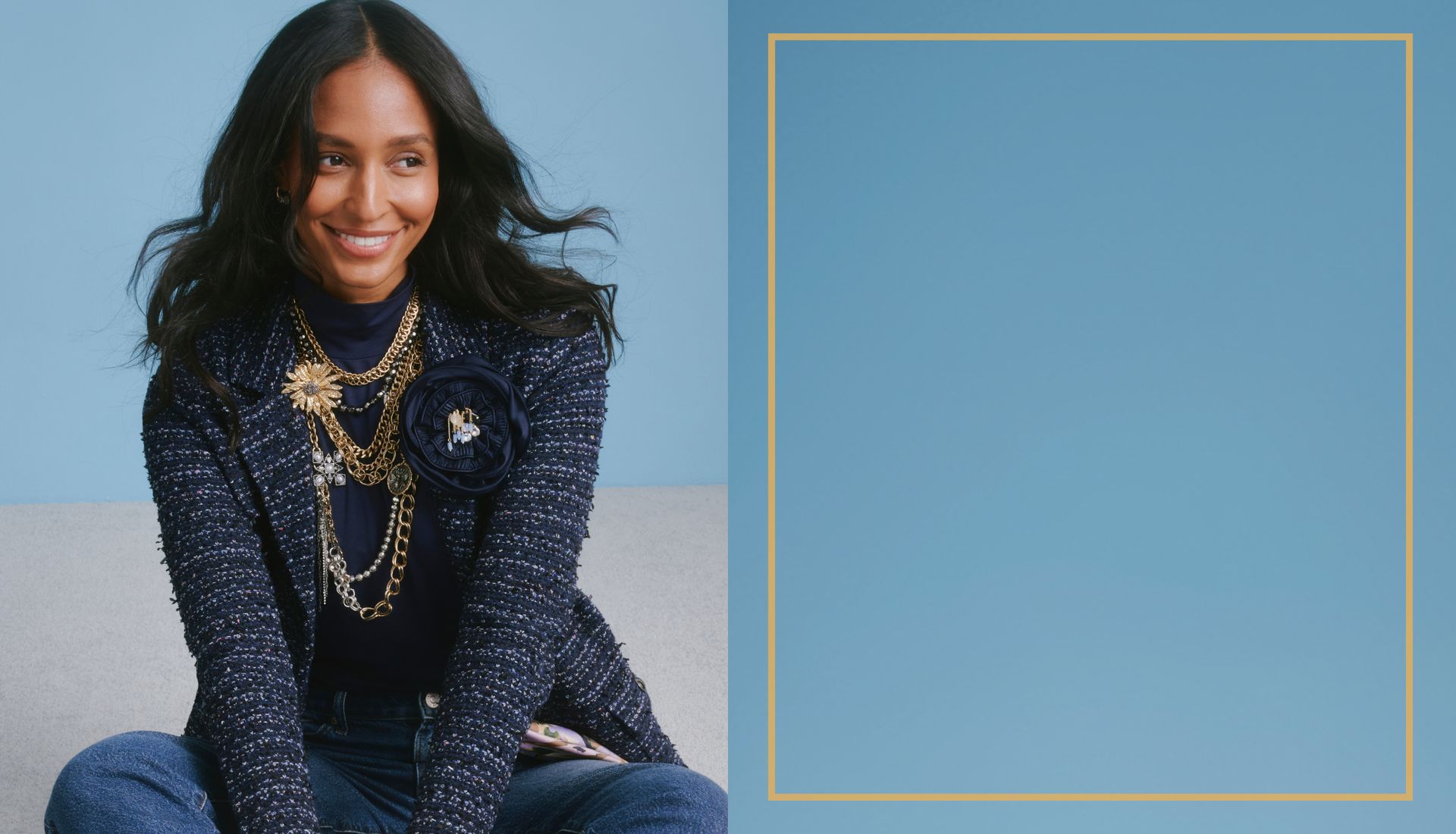 Blue background with gold border and model wearing dark blue jacket