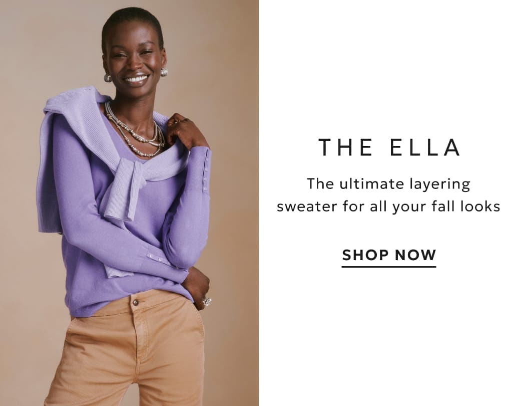 Woman wearing the purple Ella sweater and tan pants