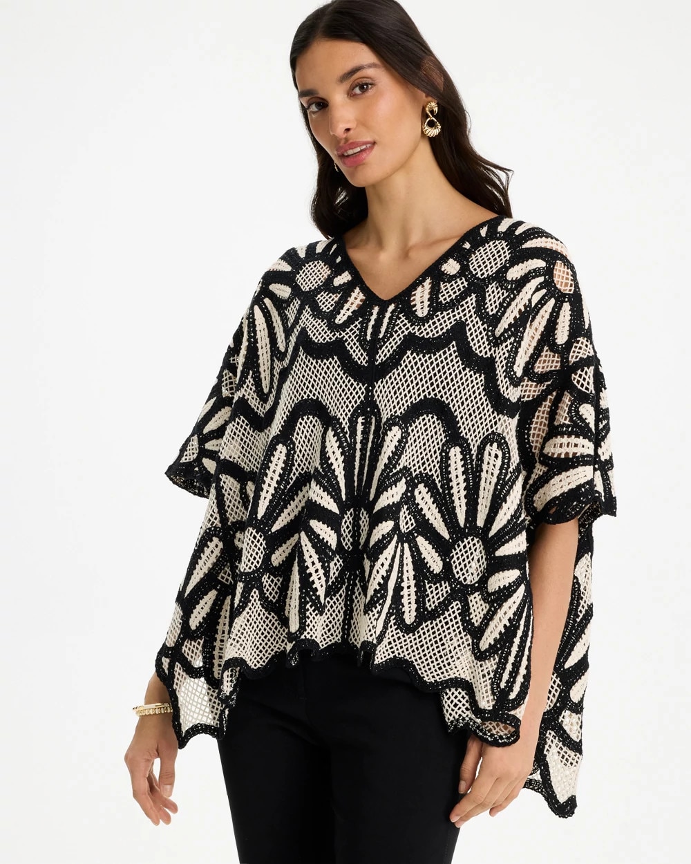 Crochet Lace Contrast Floral Poncho | Chico's