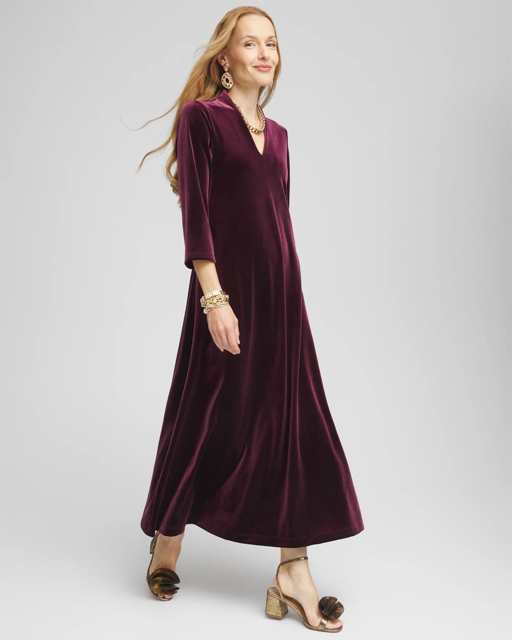 V-Neck Velour Midi Dress