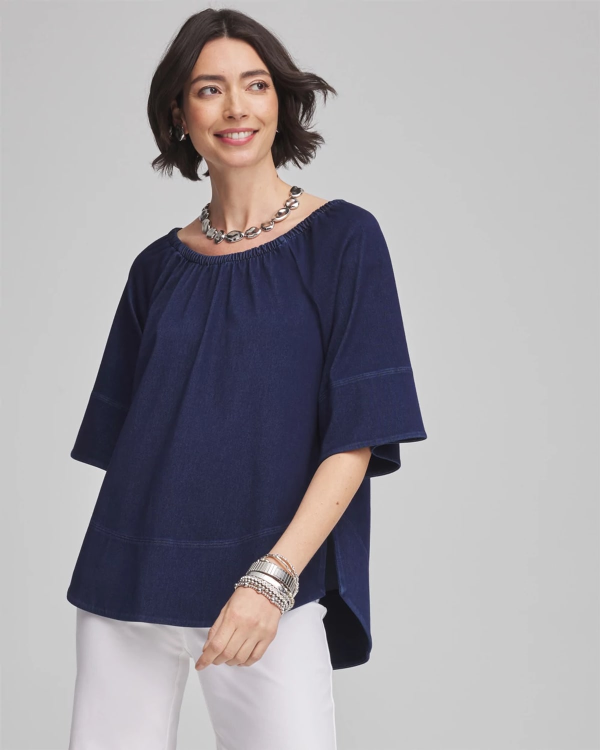 Chico's Off-the-shoulder Denim Top In Dark Wash Denim In Blue