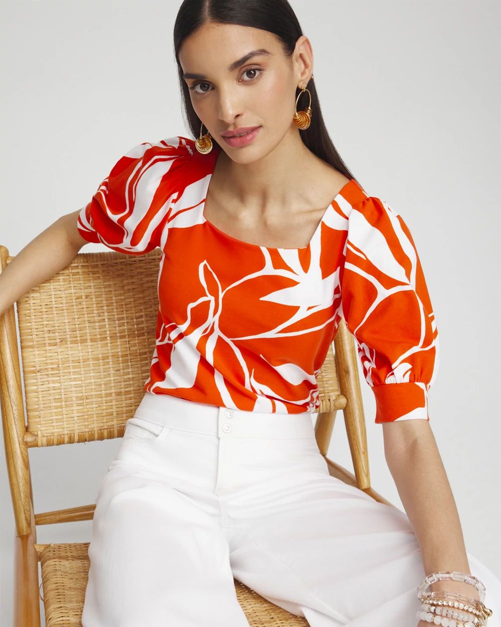 Leaf Print Square Neck Top