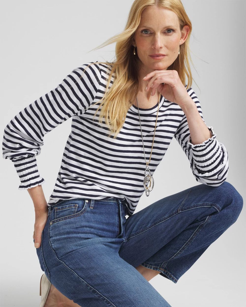 Stripe Smocked Cuff Tee