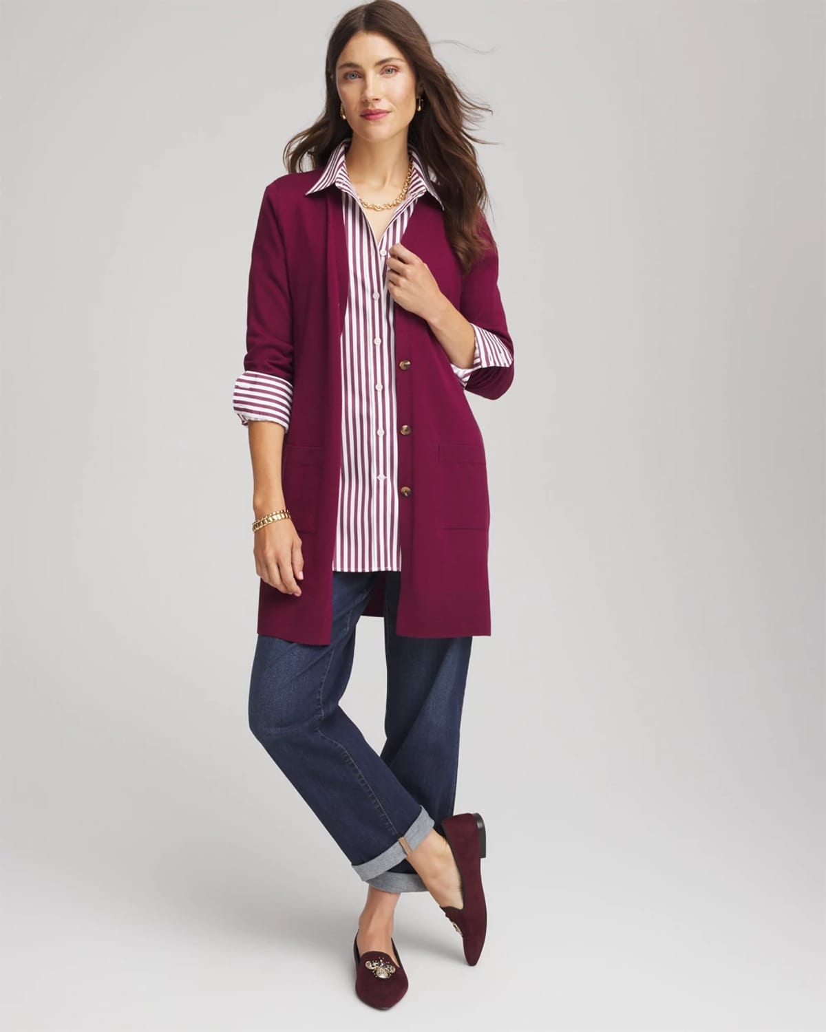 Chico's Ella Pocketed Cardigan Sweater In Deep Chianti In Burgundy