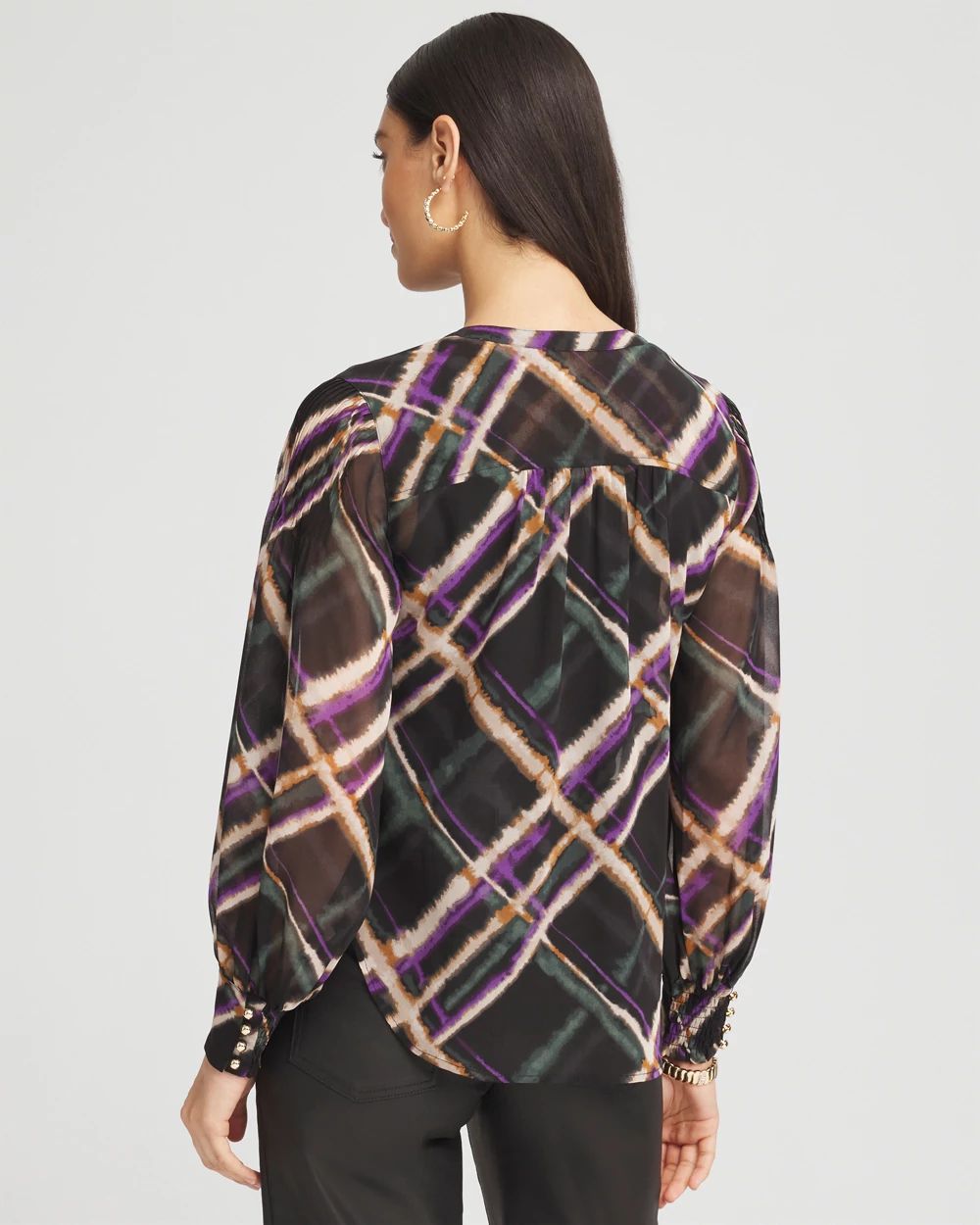 Plaid Pintuck Sleeve Blouse