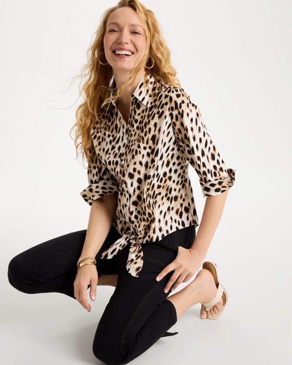Poplin Cotton Animal Print Tie-Front Top click to view larger image.