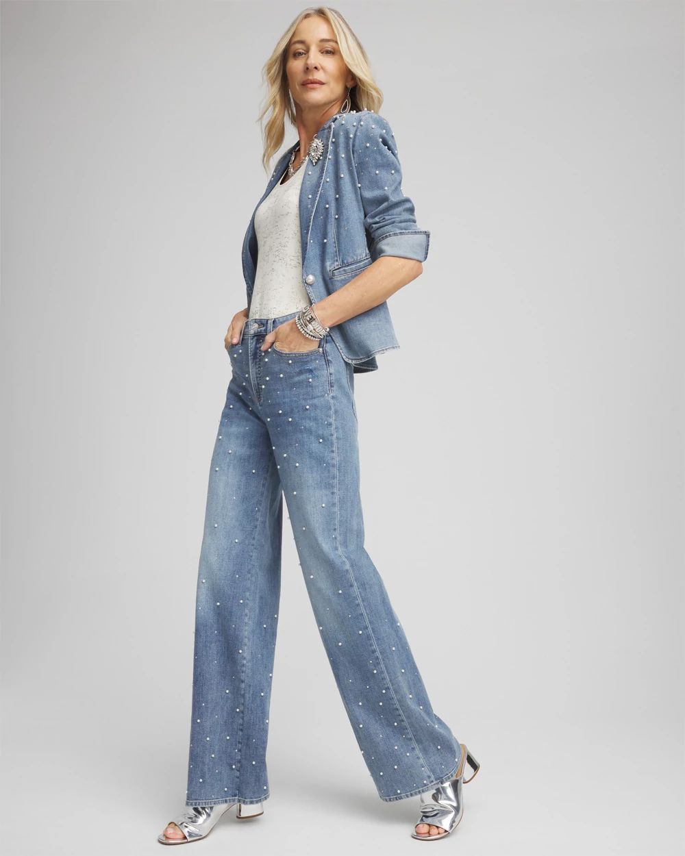 Petite Pearl Embellished High Rise Wide Leg Jeans