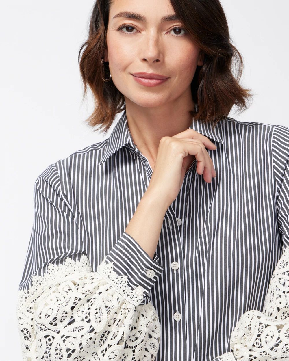 Poplin Stripe Crochet Sleeve Shirt