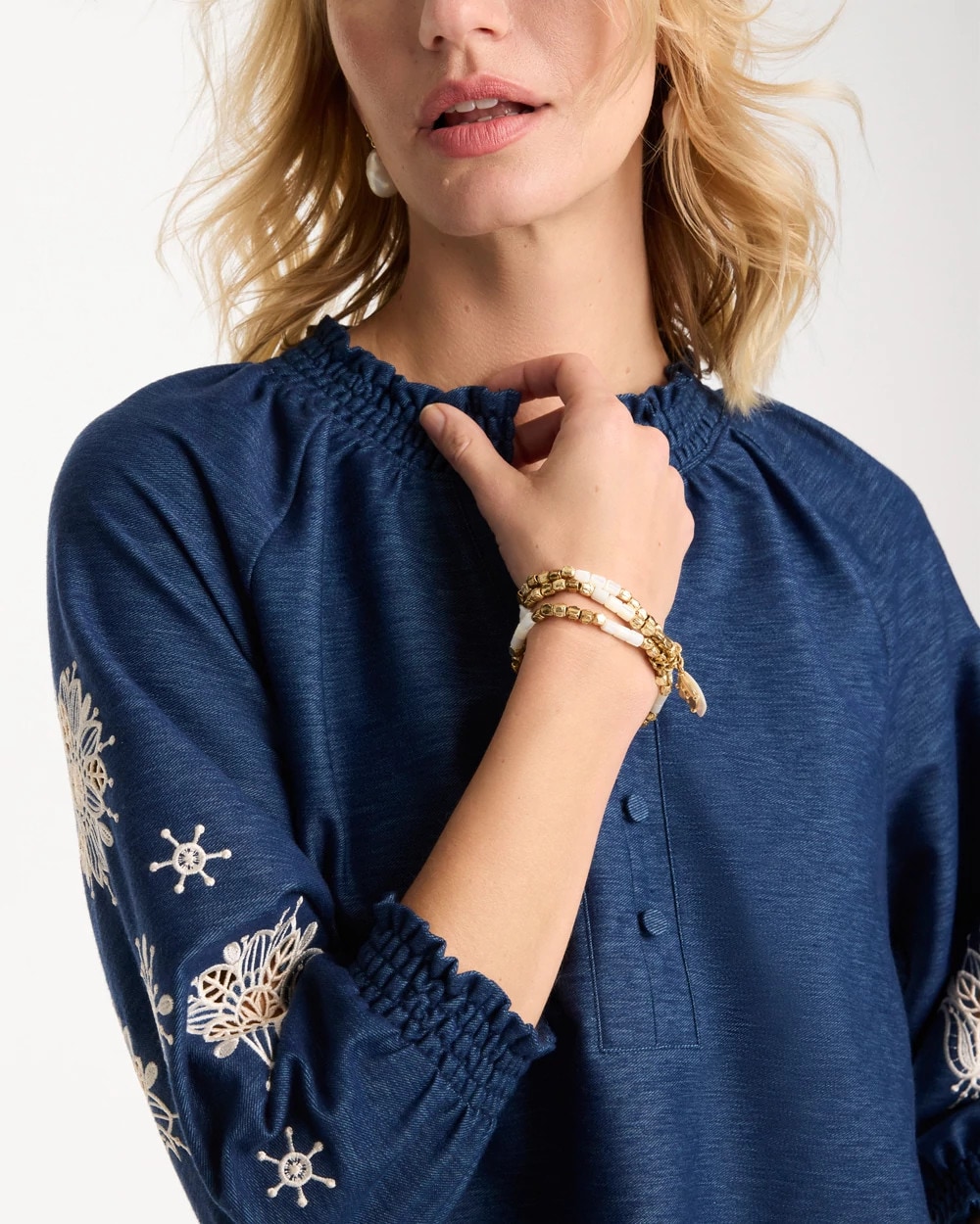 Embroidered Denim Henley Tee